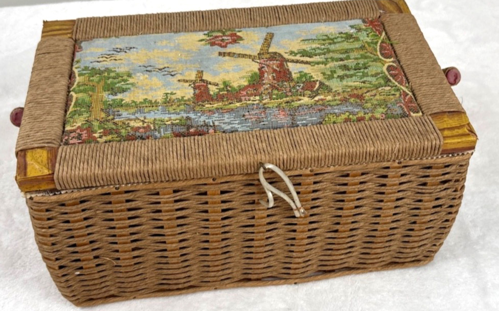 Vintage Tapestry Woven Wicker Sewing Basket Box Windmill Scene Made in Korea