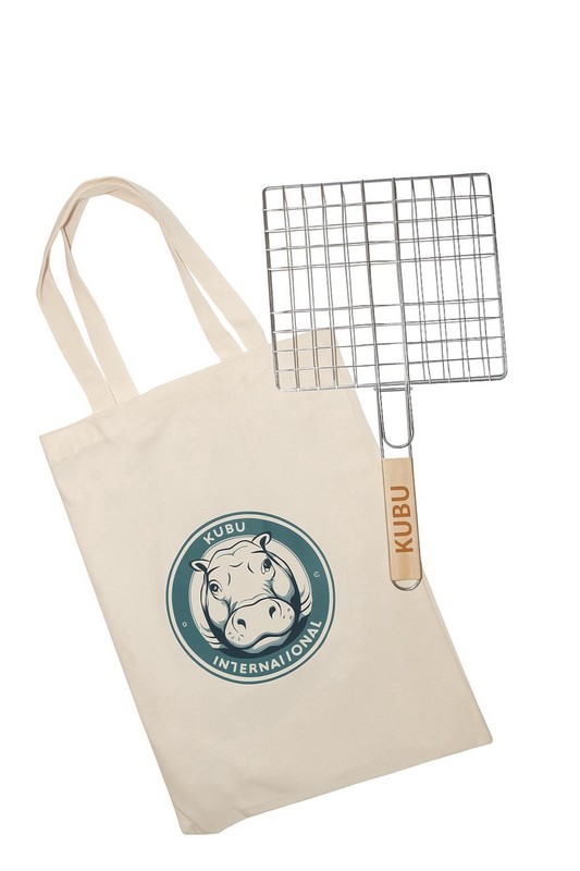 KUBU Silver Steel Grill Basket with Wood Handle & Tote Bag, Reusable Braai