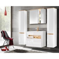 BadmöBel Set Keramik Waschtisch Led Spiegelschrank 2 HochschräNke Hochglanz Weiß