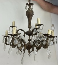 Ancien lustre début XXème en bronze et laiton a 9 branches et pampilles