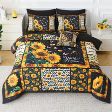 Sunflower Comforter Set Full for Girls Women,8 Piece Bed in a Bag 3D Black Sunfl