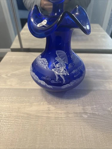 Fenton Cobalt Blue 100th Anniv Mary Gregory Etched Vase Signed B Stephens