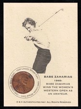 BABE ZAHARIAS - 1940 Lincoln WHEAT Cent GOLF Coin Card - WESTERN OPEN CHAMPION