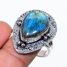 Natural Labradorite Gemstone 925 Sterling Silver Jewelry Ring Size 8 US