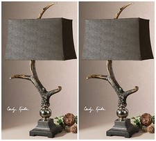 PAIR FARMHOUSE DECOR FAUX DEER ELK ANTLER TABLE LAMPS ALUMINUM ACCENTS 27960