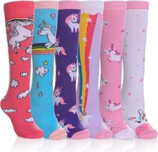 6 Pairs Girls Knee High Socks Kids Fun Gift Cute Unicorn Patterns Cotton Socks