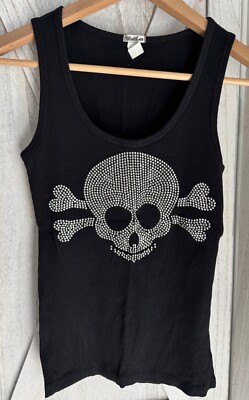 Vocal Apparel Juniors Rhinestone Black Skull Cross Bones Biker Tank Top L Large