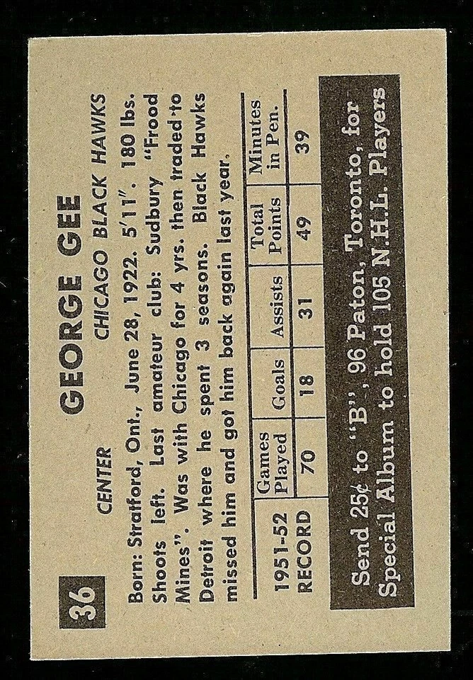 1952-53 PARKHURST #36 GEORGE GEE VINTAGE HOCKEY CARD - Image 2 of 2