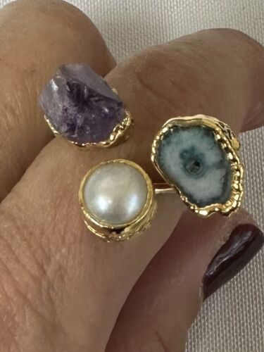 Gold filled Agate, Pearl & Jasper 3  Stone Adjustable Ring - Picture 1 of 2