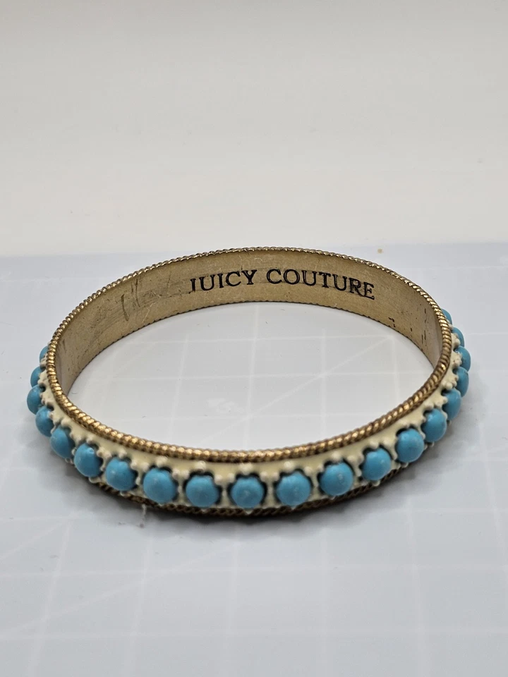 VTG Juicy Couture White Enamel Bangle Bracelet Blue Cabochons Gold Tone - Image 4 of 4
