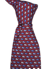 Iconic Vineyard Vines Silk Tie Red w/ Whales in Shades of Blue Made in USA