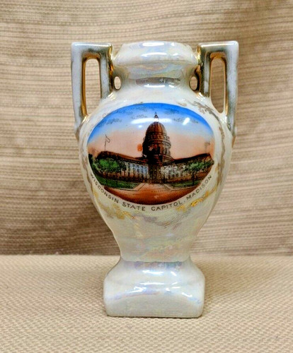 Vintage Wisconsin State Capitol Madison Souvenir Luster 4.75" Vase Germany