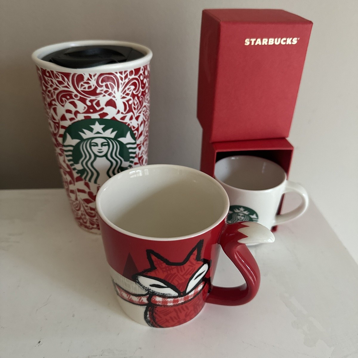 Lot 3x STARBUCKS Red Fox Holiday 2016 12oz Candy Cane Christmas + Mini Mug  2014