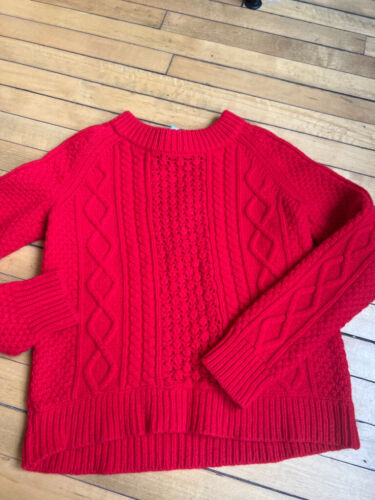 Lands End Red Lambswool Cable Knit Sweater Chunky 