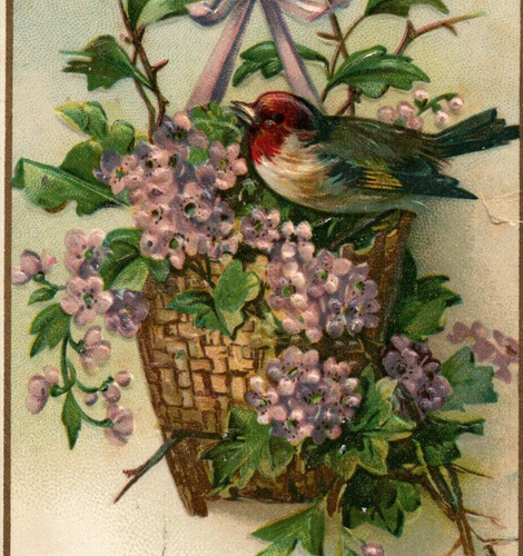 Wall Flower Basket Purple Hydrangeas Ivy Bird Nest New Year Clapsaddle PC A872