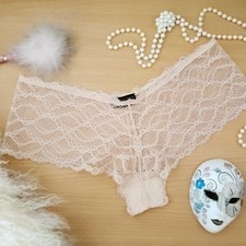 KIKI DE MONTPARNASSE sheer lace Tanga cheeky panties lingerie nude blush L NEW