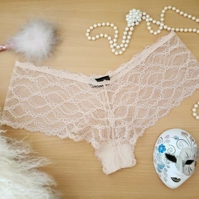 KIKI DE MONTPARNASSE sheer lace Tanga cheeky panties lingerie nude blush L NEW