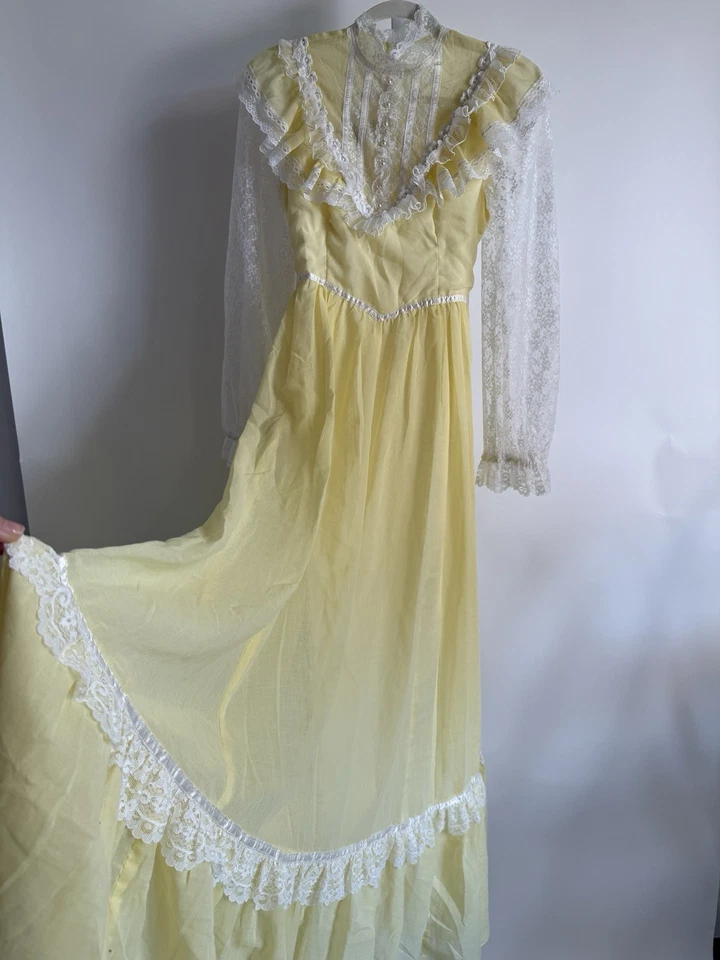 Vestido Gunne Sax Vintage Amarillo Algodón Encaje 7 EE. UU. Pradera Encaje Coqueta Foto 2 de 4