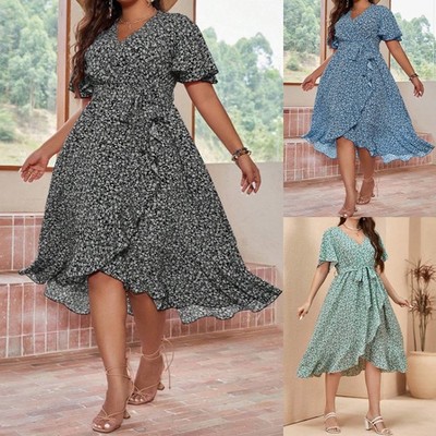 Übergröße Damen Blumen Freizeitkleid V-Neck Wickelkleid Sommerkleid mit Gürtel