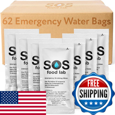 SOS Food Lab Emergency Water Pouches - 2 Gallons (62 Count, 4.2 Fl Oz Each) - Tr