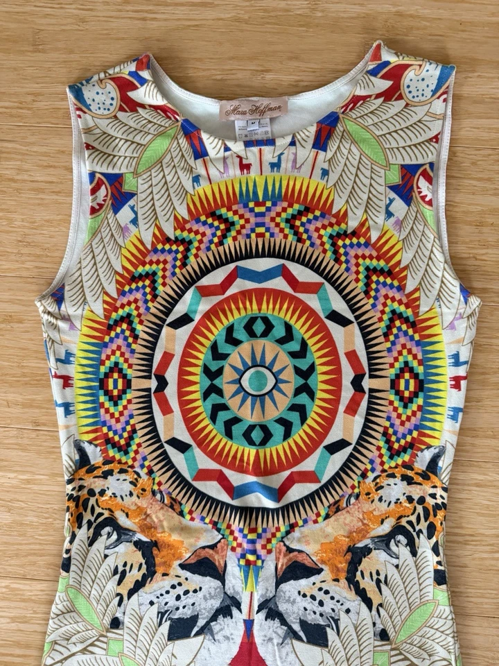 Mini vestido Mara Hoffman estampado elástico branco multicolorido sem mangas 2013 em excelente estado usado - Imagem 2 de 4