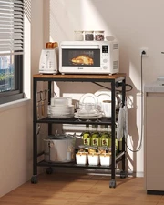 Kitchen Rolling Cart with Power Strip, 3 Tier Microwave Stand on Lockable Whe...