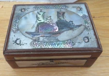 Antique Indochina Wooden Box Mother of Pearl Inlays Landscape Junk Decor