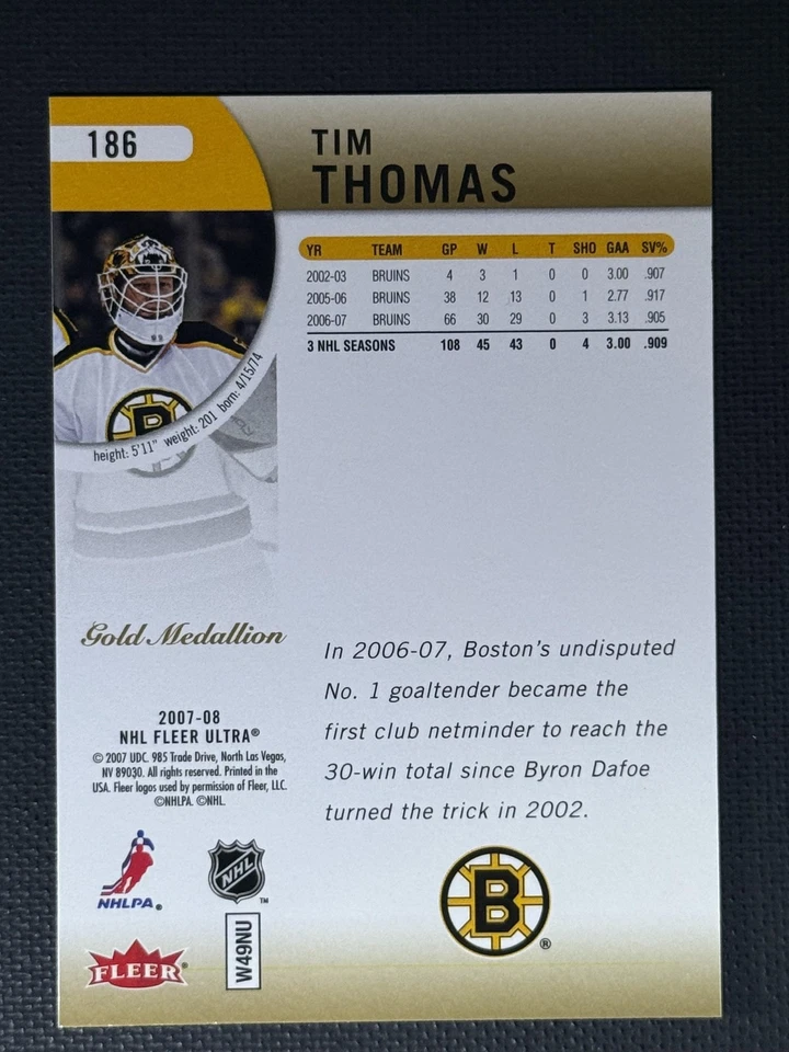 2007-08 Ultra #186 Tim Thomas Gold Medallion - Image 2 of 2