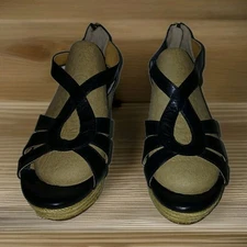 Sofft Rosaria Sandals Black Leather Strappy Open Toe Back-Zip Wedge Heel 8.5 W