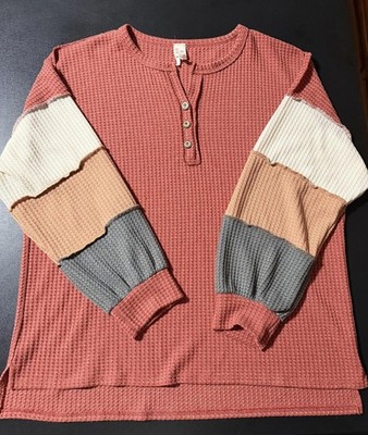7th Ray Women's Color Block Waffle Knit Henley Top, Size Medium