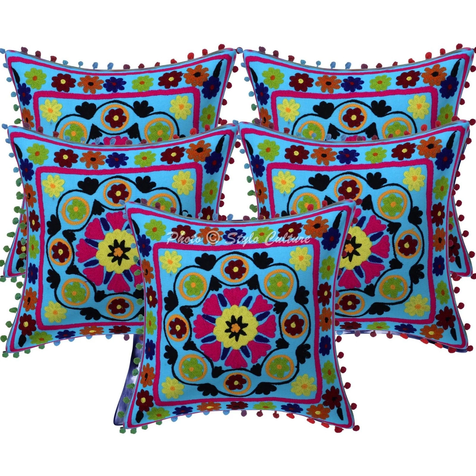 Indian Suzani Embroidered Pom Pom Throw Pillow Covers Cotton 16x16 Home Decor