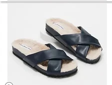 Rebecca Minkoff Faux Leather X- Cross Navy Slippers Faux Fur Lining Cozy Warm 5