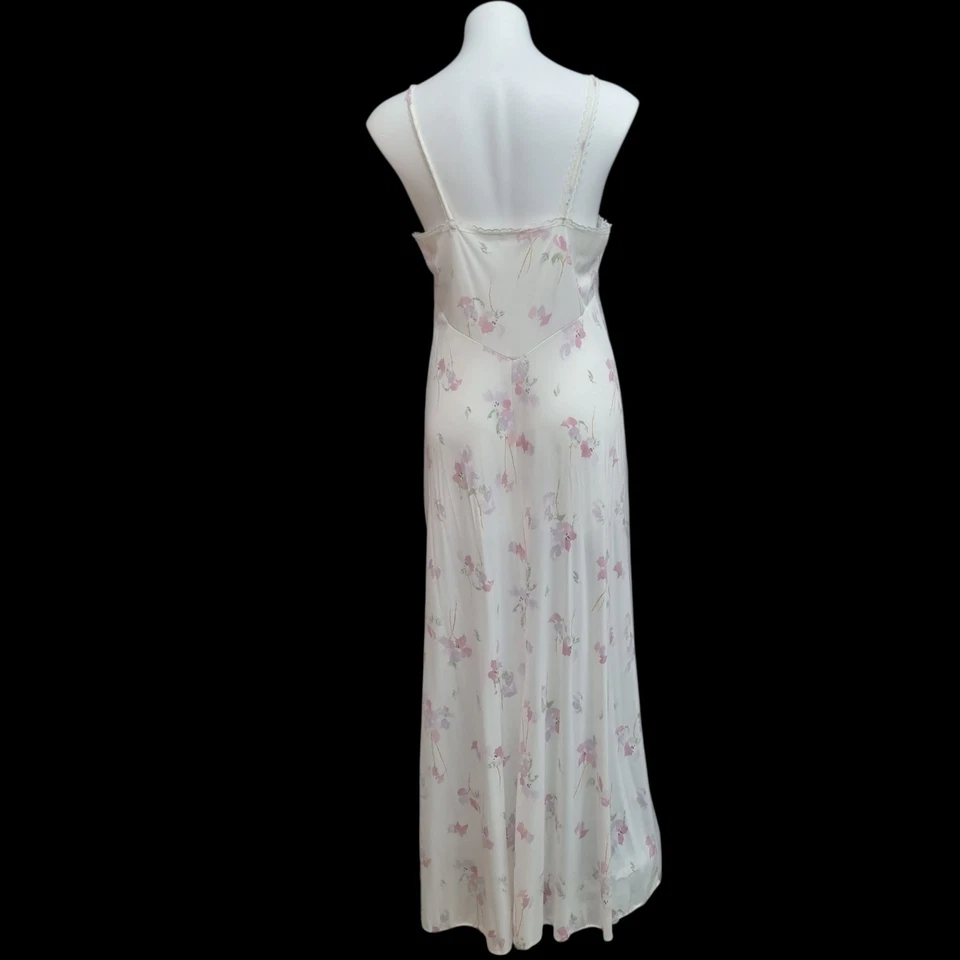 VTG Deena Nylon Nightgown Silky Satin White Floral Maxi Glam Strappy V Neck Sz L - Image 2 of 4