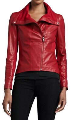Women's 100% Genuine Leather Red Jacket Soft Lambskin Stylish Motor Biker Jacket