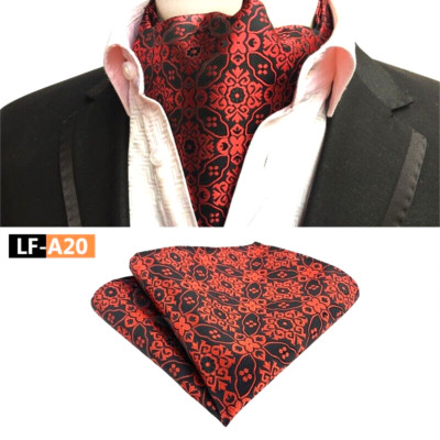 Classic Men's Ascot Cravat Tie Silk Paisley Black Red Scarf Cravat Hanky Set