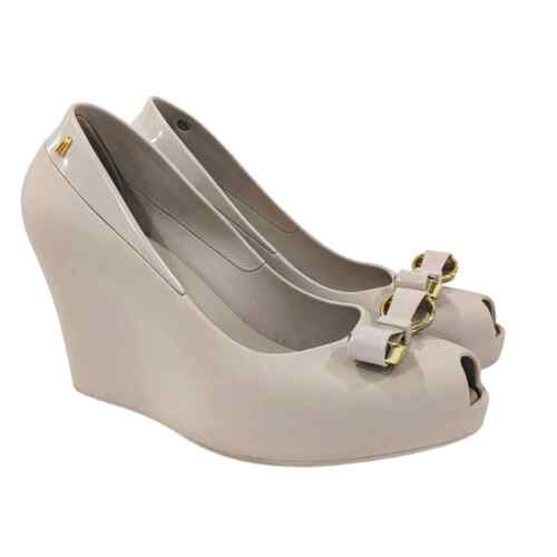 Melissa Women Cream Nude Wedges Shoes Slip-on Peep Toe Golden Bow Size 10 - Picture 1 of 12