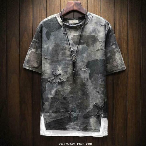 Mens T Shirt Camo Camouflage Hip Hop Frayed Round Collar Slim Summer Half Sleeve Ebay