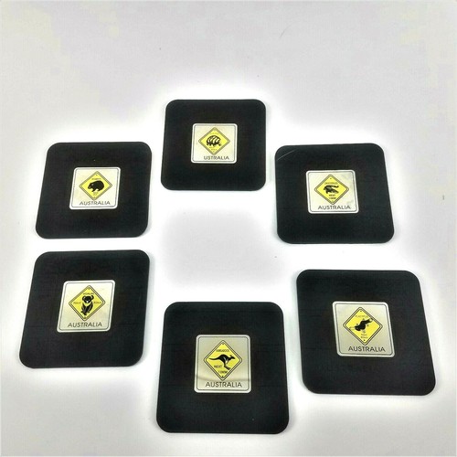 Australia Souvenir Set di 6 Sottobicchieri Cartello Mappa Stradale Nero e Argento Animale - Foto 3 di 4