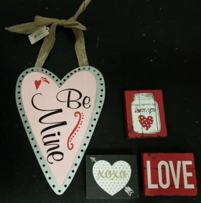 Valentine's Day Home Decor Lot, Heart Wall Hanging ''Be Mine'' & Wood Blocks