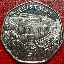1986 ISLE OF MAN 50 PENCE CHRISTMAS COIN CAT HORSE TRAM RARE CU-NI not silver