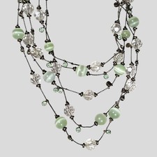 Green And Clear Glass Beaded Chain Necklace Multi-strand 20 Inches