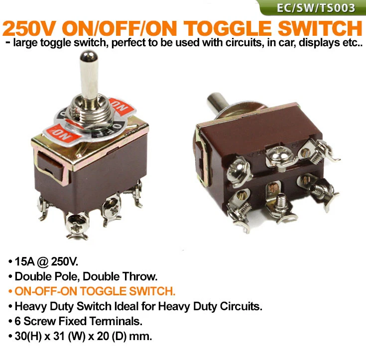 XTRONS 15A 250V On-Off-On Toggle Switch Double Pole 6 Screw Fixed Terminals Heavy Duty