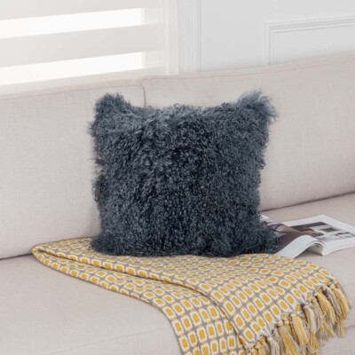 100% Real Mongolian Lamb Wool Cushion Cover Curly Fur Pillowcase 40x40cm Gray US