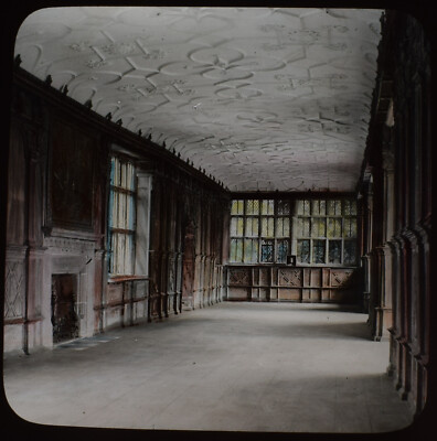 HADDON HALL BALL ROOM DERBYSHIRE UM 1890 ALTES VIKTORIANISCHES FOTO magische Laterne Folie