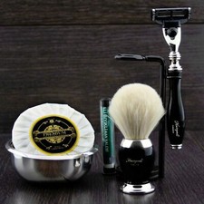 6 Piece Men's Shaving Set 3 Edge Razor 3 Pure White Badger Brush Gift Him