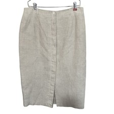 Vintage Talbots Irish Linen 16P Midi Skirt Button Front Slit Beige Women