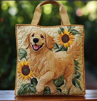Golden Retriever Quilted Tote Bag Dog Lover Gift, Cute Puppy Tote Purse, Floral 