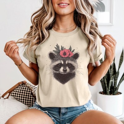Waschbär Blumen Damen T-Shirt Woodland Animal Grafik Tee