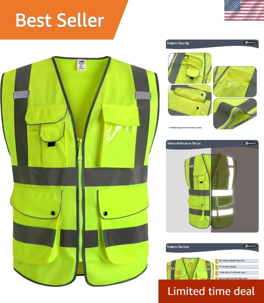 9 Pockets Class 2 High Visibility Zipper Front Safety Vest w/ Reflective (Small)
