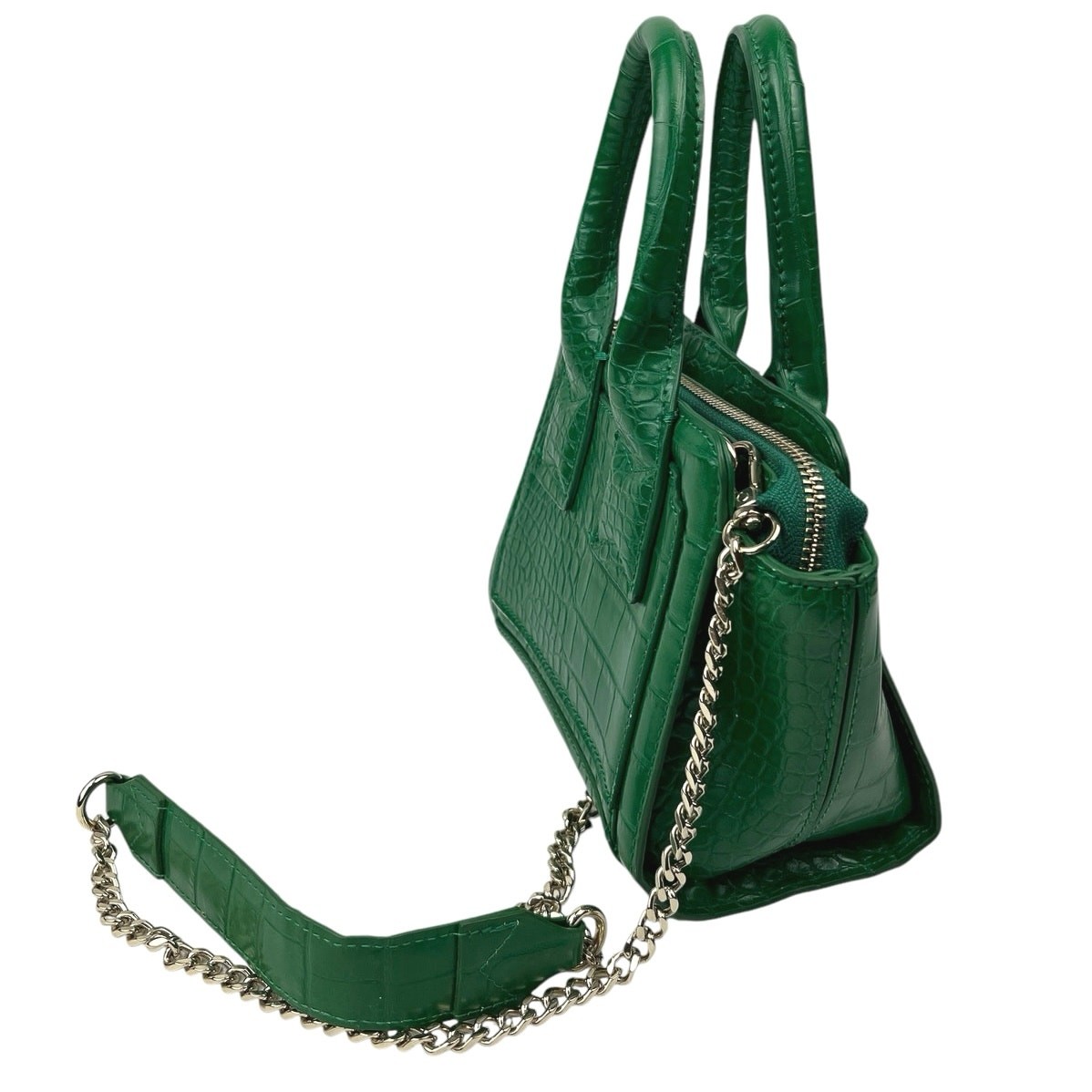 Zara Women's Green Leather Croc Embossed Chain Strap Handbag